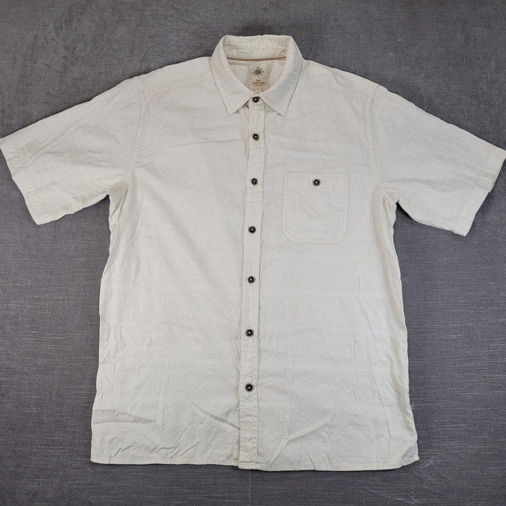 The Territory Ahead Button Up Mens L Cream Geometric Textured Short Sleeve Shirt